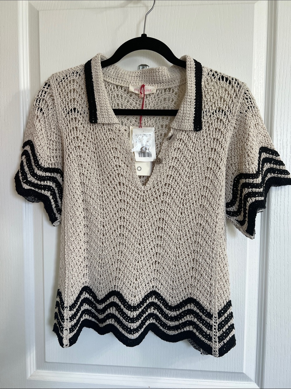 Solitaire Beige Crochet Polo Top with Black Trim
